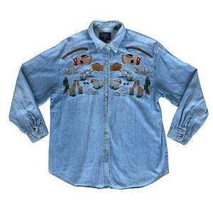 Vintage Embroidered Denim Button Front Shirt Cotton Noahs Ark Womens Size Large